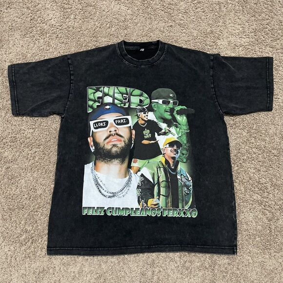 Fied Shirt Mens Large Black Feliz Cumpleanos Ferxxo Faded Columbian Hip Hop - Picture 1 of 9